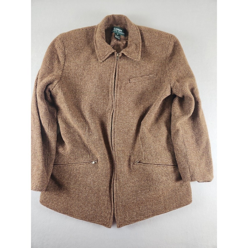 Lauren Ralph Lauren Size 12 Brown Lined Wool Full Zip Classic Jacket